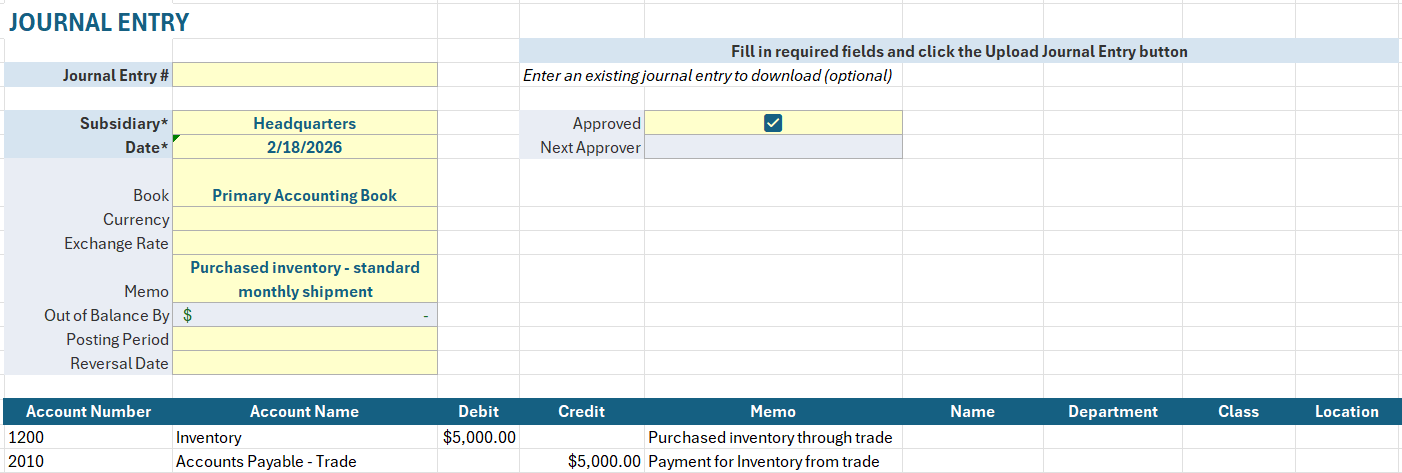 Journal Entry Fields Entered