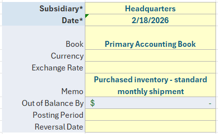 Parameters for Journal Entry