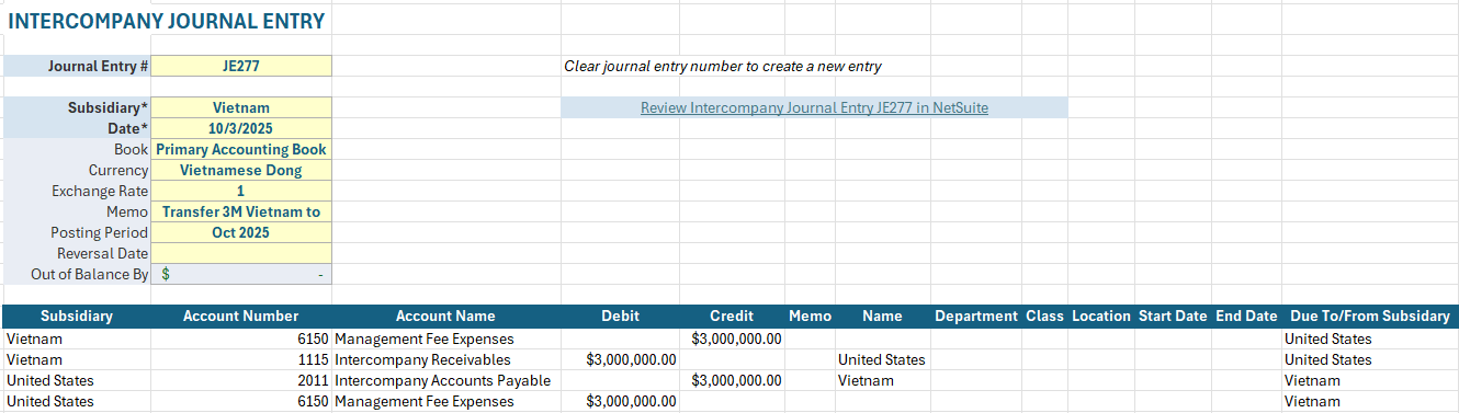 Review Intercompany Journal Entry Template